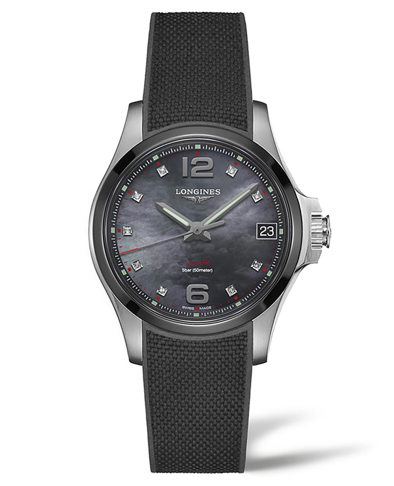 Longines Longines Conquest V.H.P. L3.319.4.88.9  L33194889 кварцевые женские часы черный циферблат, браслет каучук — вид спереди